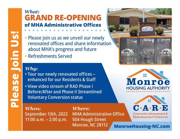 Grand Re-Opening of Monroe Housing Authority Post Card. All information from this post card is listed below. 