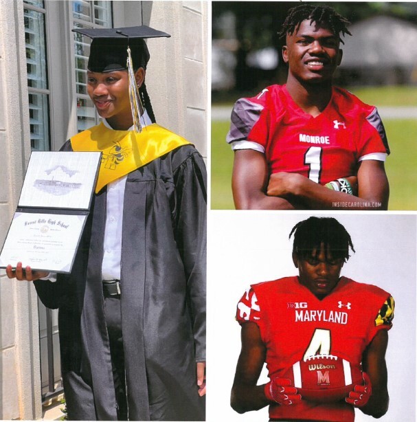 A boy in graduation regalia and a boy in a football uniform.