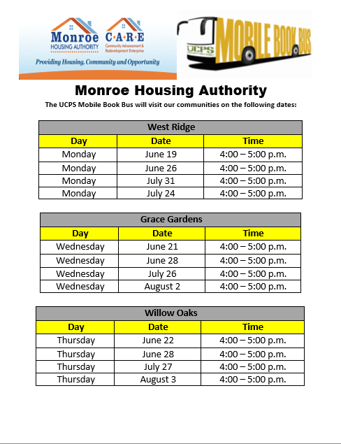 Summer Bookmobile Schedule. All information on flyer is listed above.