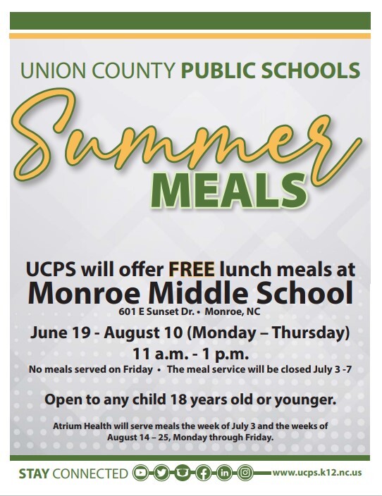 Union County Summer Meals Program Flyer. All information on flyer is listed above.