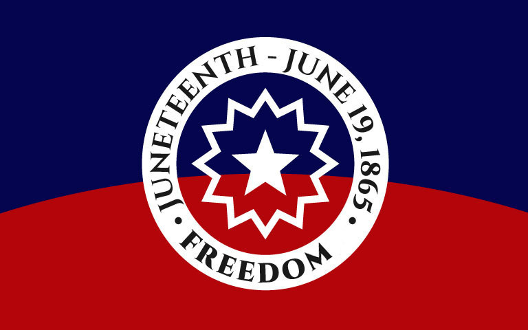 Juneteenth logo with the text, Juneteenth, June 19, 1865, Freedom.