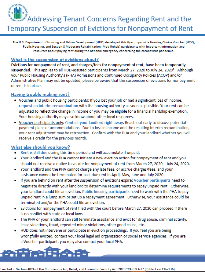 Addressing Tenant Concerns Regarding Rent and the Temporary Suspension of Evictions for Nonpayment of Rent