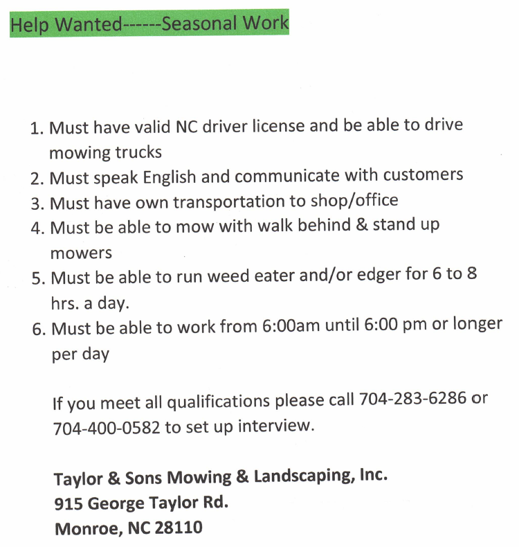 Help Wanted Seasonal Work