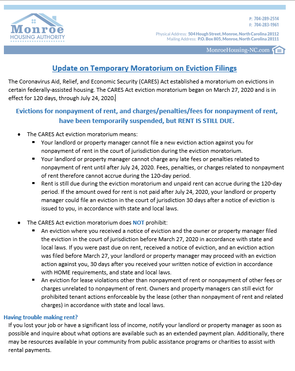 Update on Temporary Moratorium on Eviction Filings