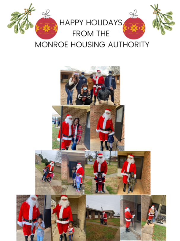 Happy holidays from the Monroe housing authority! Santa pictured with various residents
