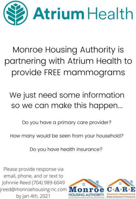 Atrium Health to provide free mammograms -all info below