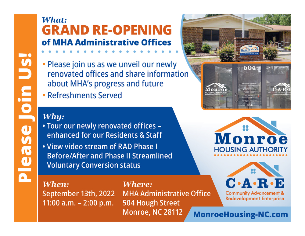 The MHA Grand Re-opening postcard invitation. All information from this postcard is listed below.