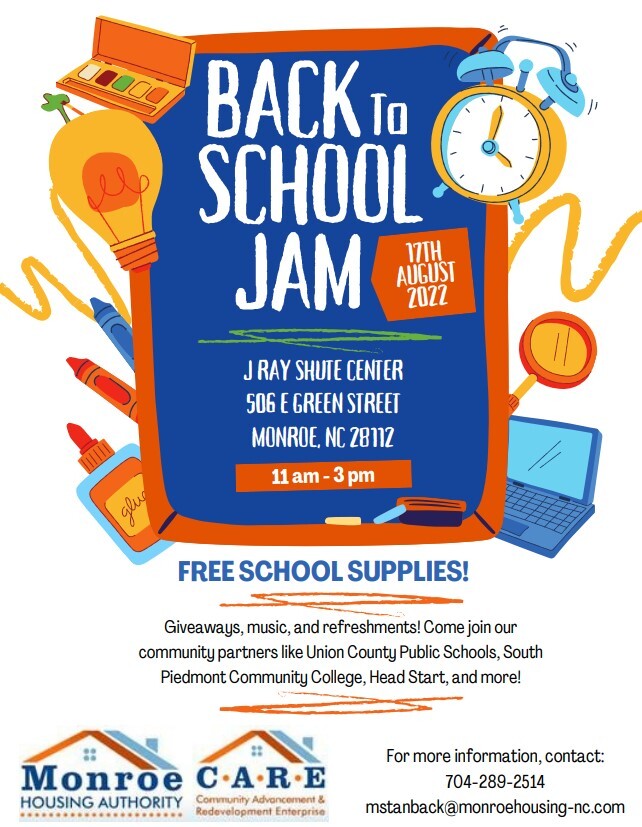Back to School Jam Flyer. All information on this flyer is listed below. 